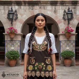 Brown Mexican Embroidered Apron – Premium Cotton Blend Apron with Beige Floral